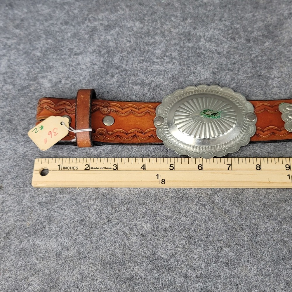 Vintage Western Tooled Leather Concho Belt Brown Silver Tone Southwestern 36 NOS - Picture 9 of 10